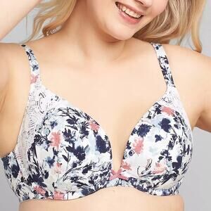 Cacique 44DD Bra Boost Plunge Underwire Floral Lace Cotton Full Figure Coverage